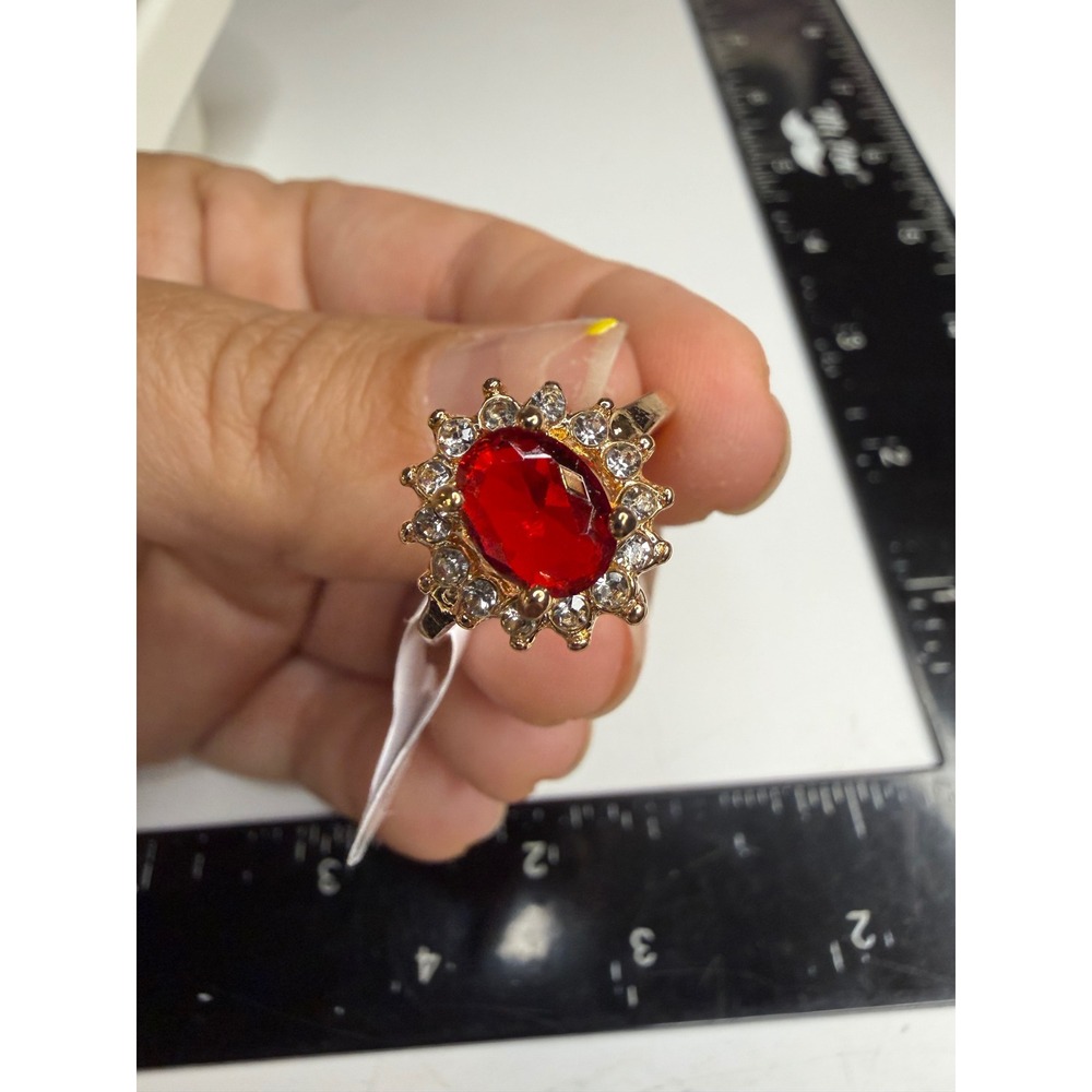 Gold Tone Red Faux Ruby Rhinestone Halo Cocktail Ring Size 8
